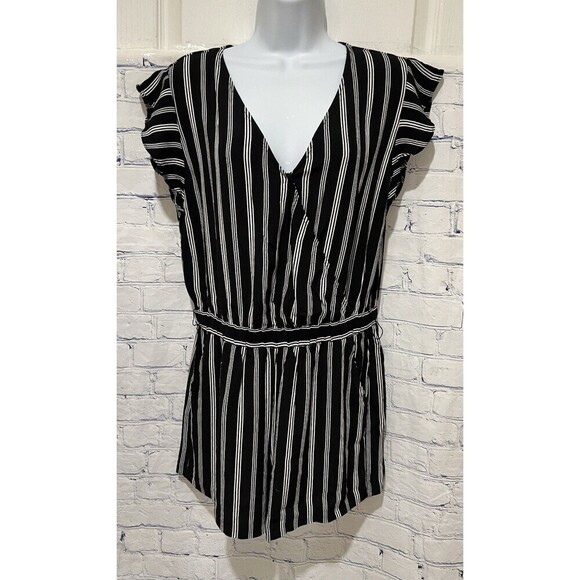 Ann Taylor Loft Women's Black White Stripe Short Sleeve With Belt Romper Small - Picture 1 of 6